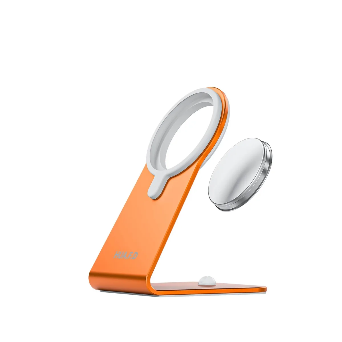 Orange aluminum MagSafe charger stand with cable slot and heat pad
