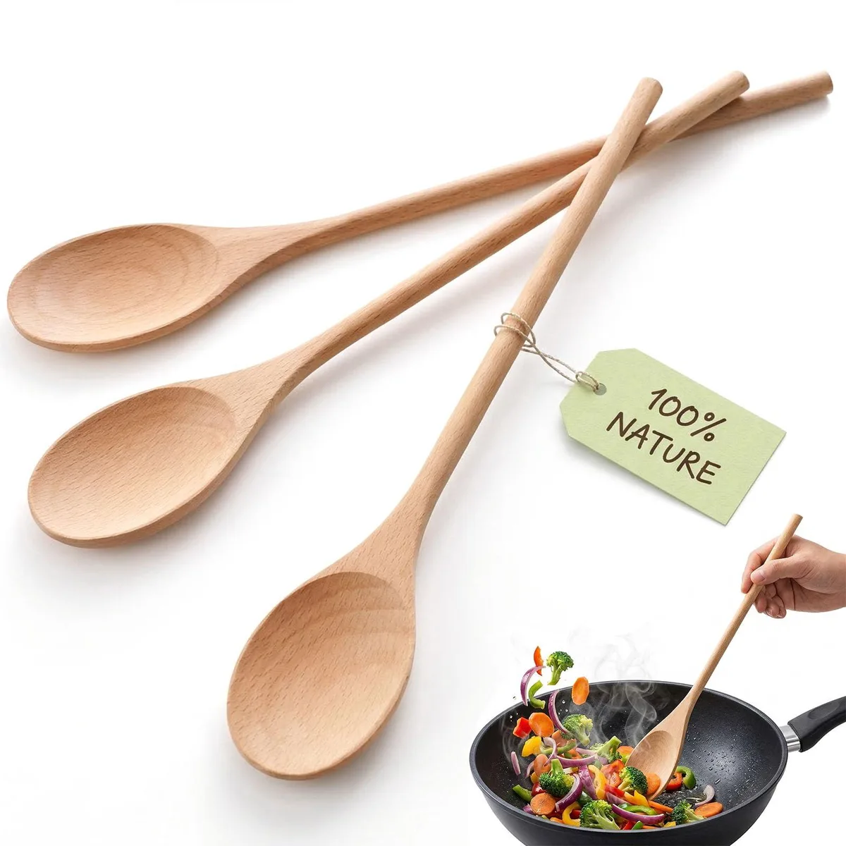 Three black wooden spoons with long handles lying side by side