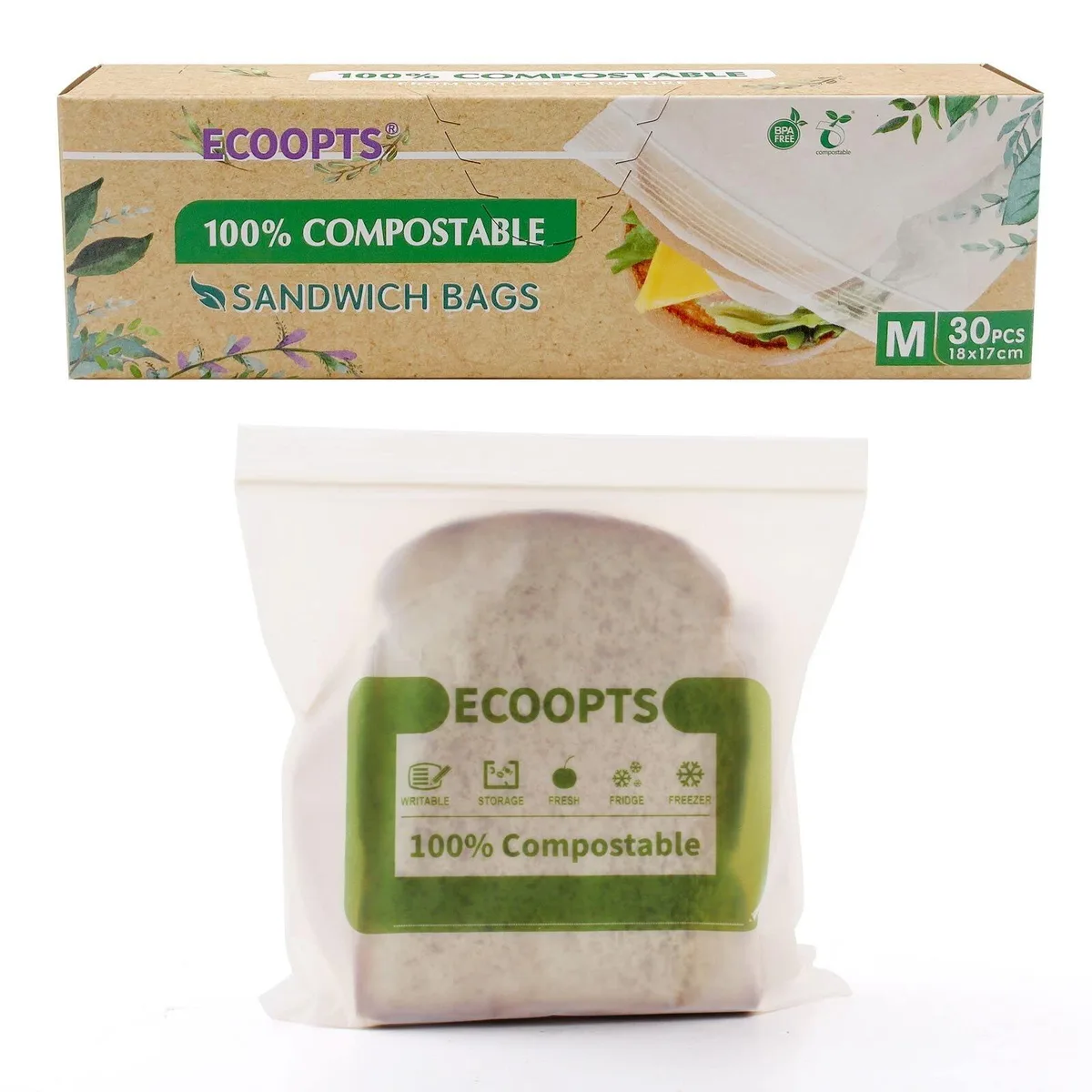 Green resealable zip bag pack of 30 medium size compostable material