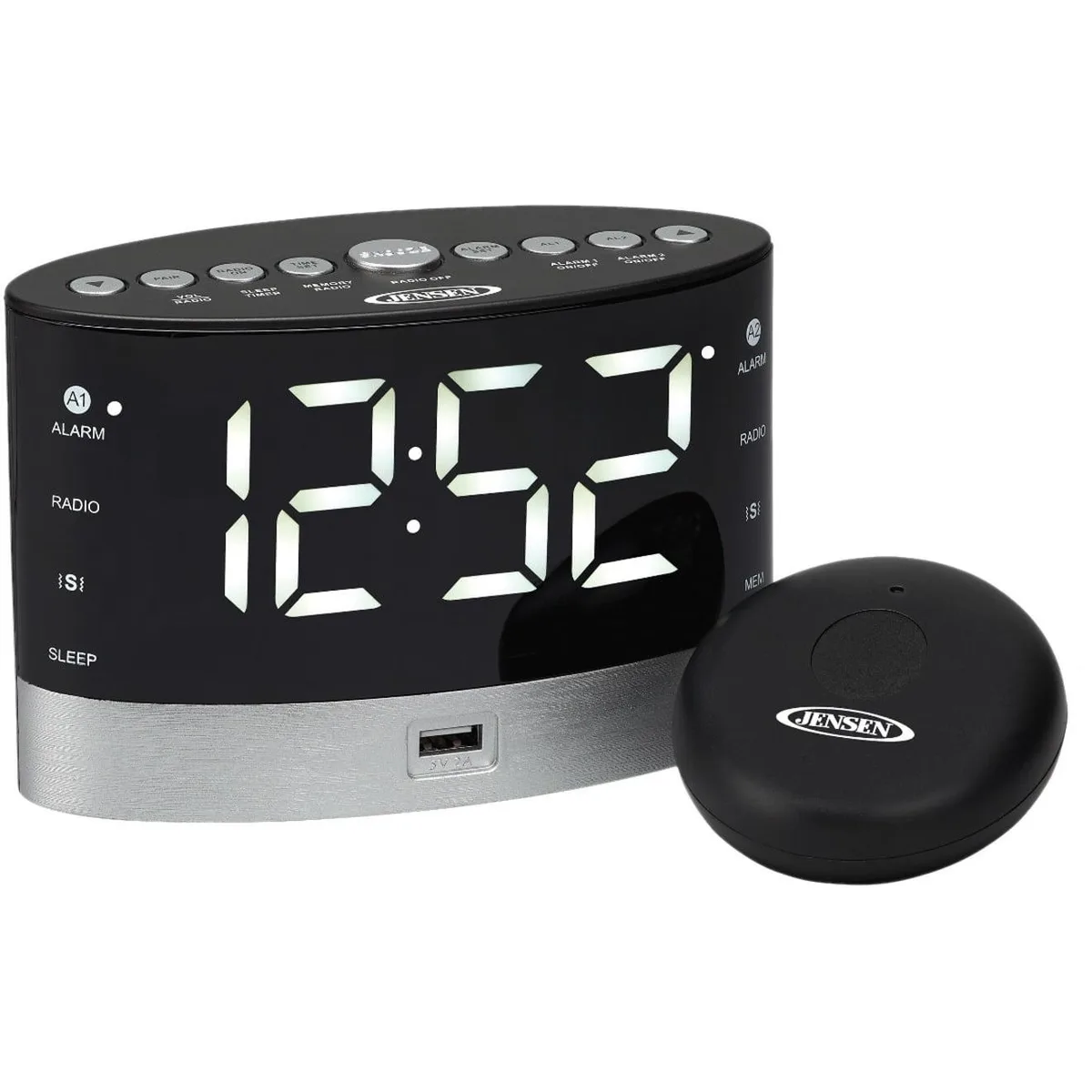 JENSEN JENSEN JCR-255 AM/FM Dual-Alarm Clock Radio with Vibrator, Black — product photo