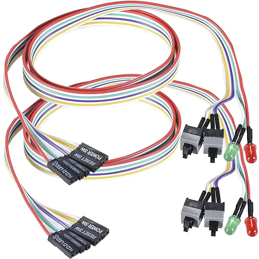 Two ATX power switch cables with red and green LEDs and momentary buttons, 27-inch length