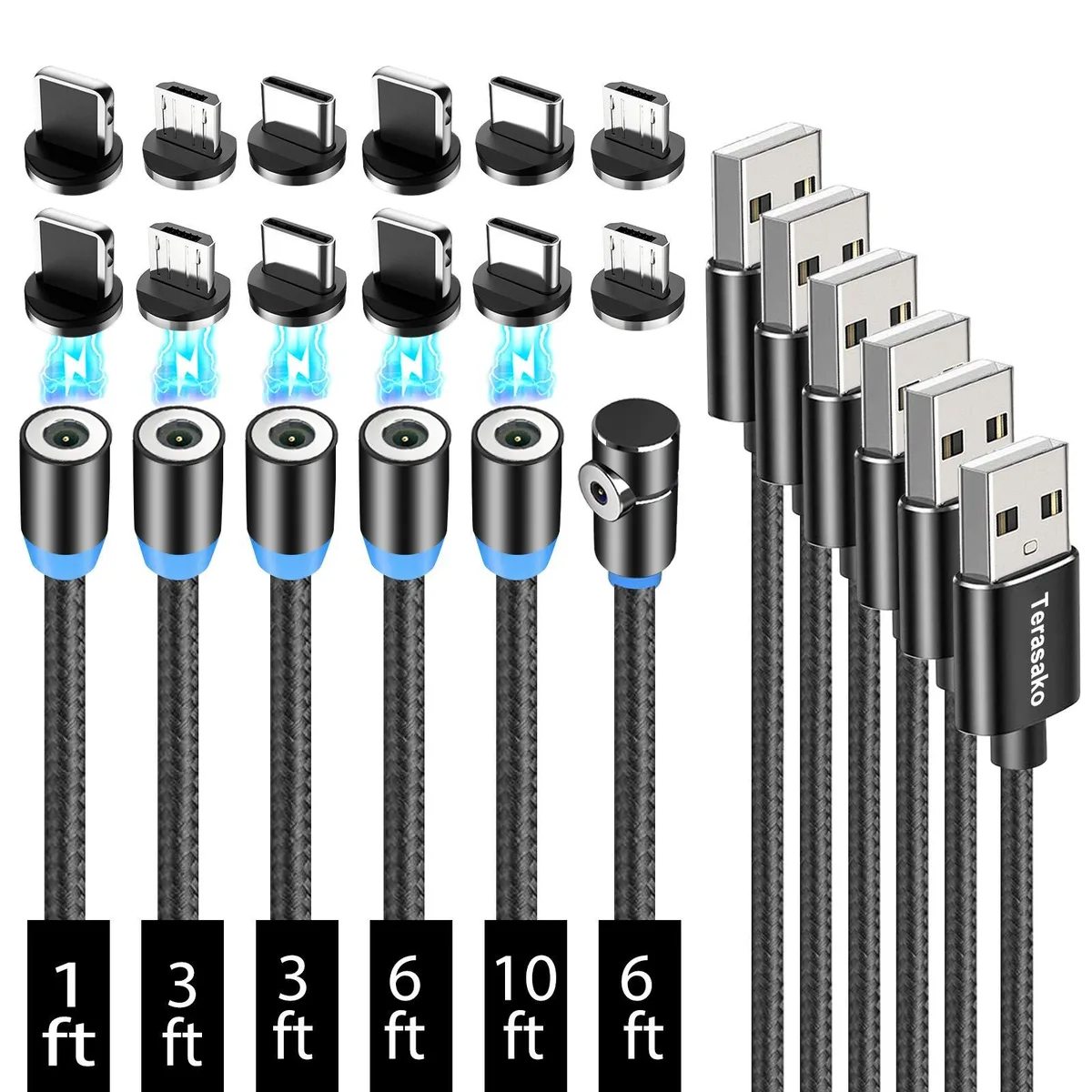 Six orange nylon-braided magnetic cables with LED tips, 3 ft each