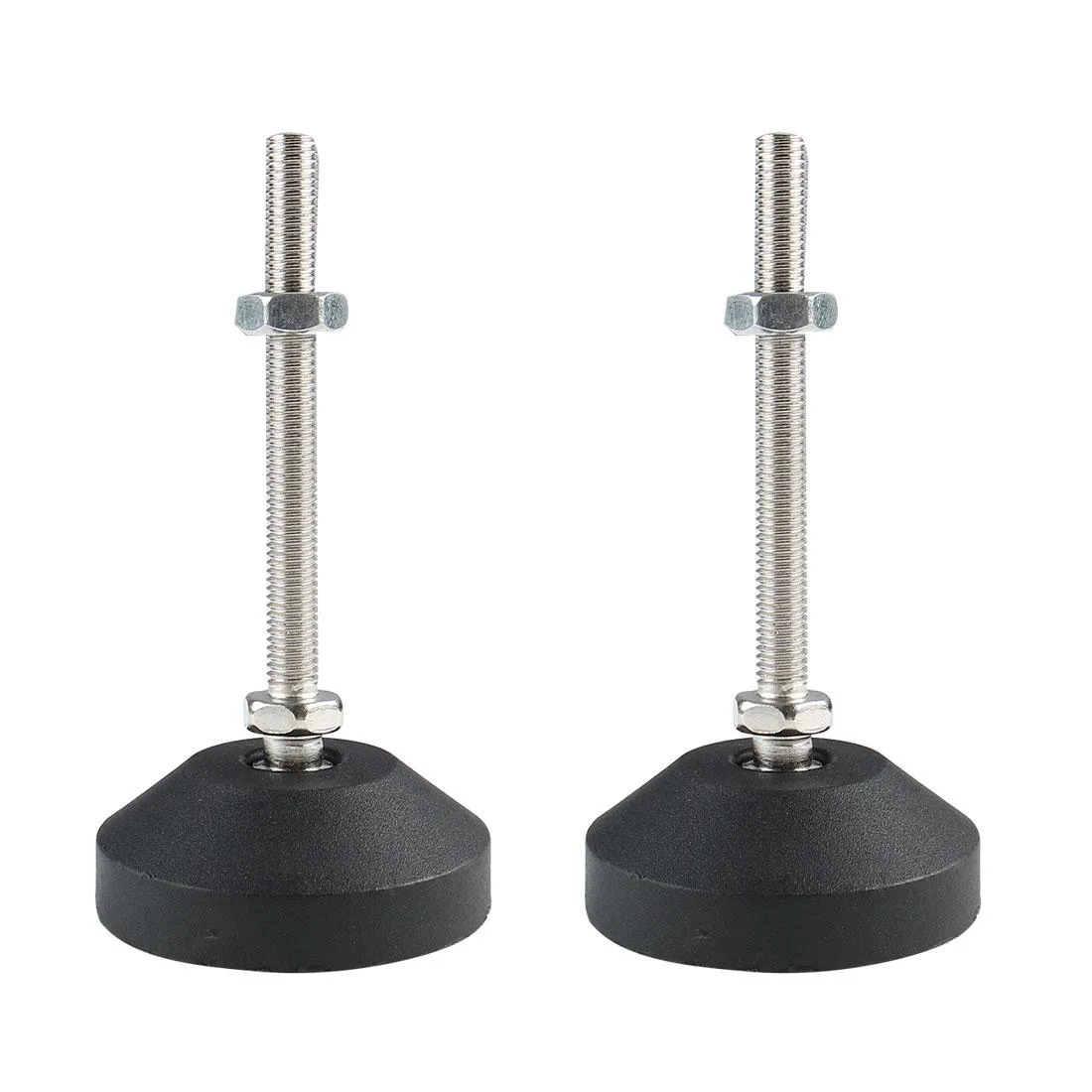 Two silver M8 leveling feet with 60mm plastic bases and 80mm threaded stems