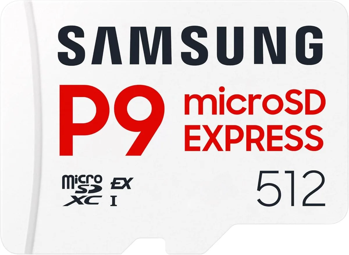 Small rectangular microSDXC card with black plastic body and gold contact pins