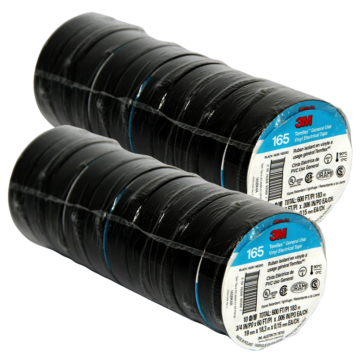 3M 3M 3M-165-10-20PCS Vinyl Electrical Tape 3/4" x 60ft Black 20 Rolls — product photo