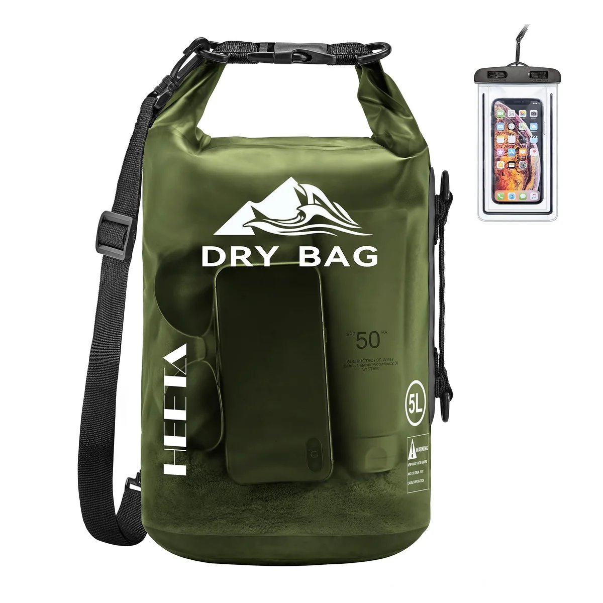 Black roll-top dry backpack with welded seams and side handle