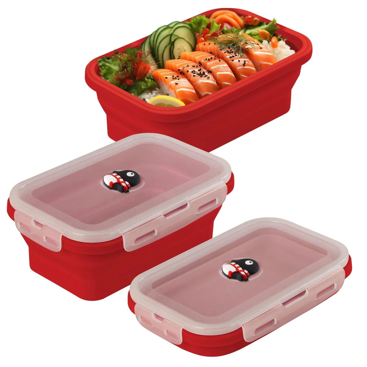 Red collapsible silicone food container with penguin character vent lid, expanded to full 1200ml height