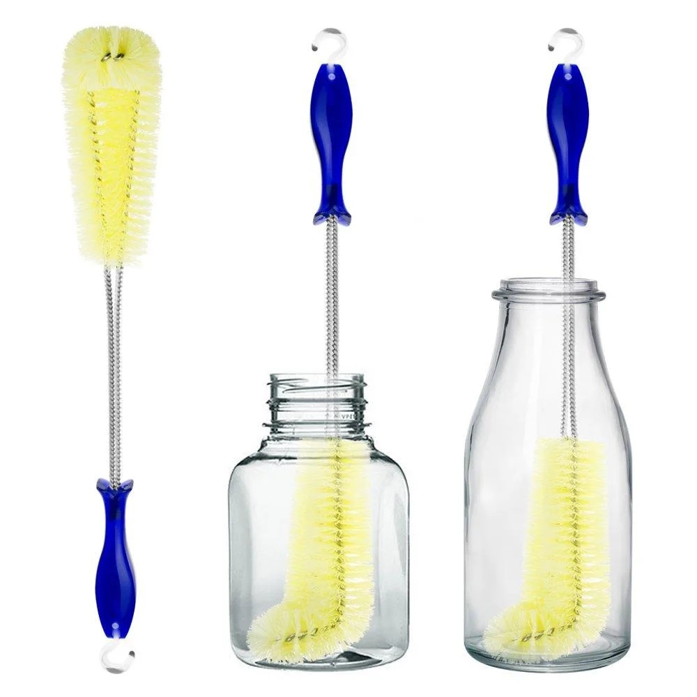 Sixteen-inch flexible bottle brush with nylon bristles, stainless-steel wire shaft and acrylic handle, yellow and blue