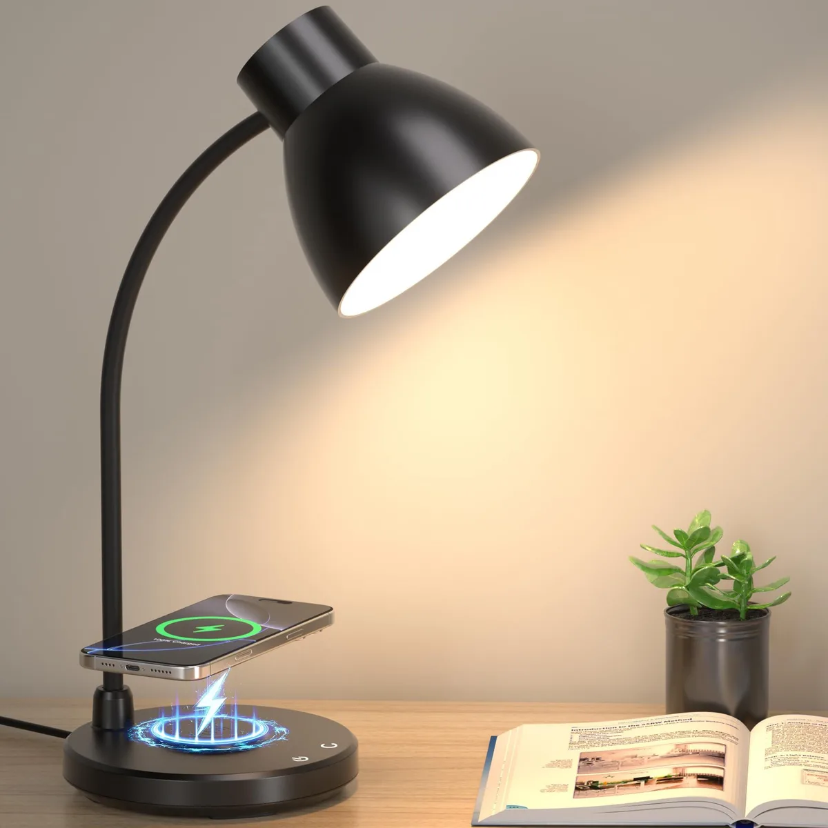 Black desk lamp with painted finish, round base, 360° flexible arm, trumpet shade, 5.9 by 5.9 by 18.5 inches