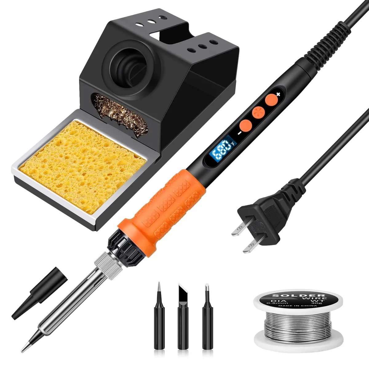 A 100W soldering iron with digital display, stand, tips and protective cap