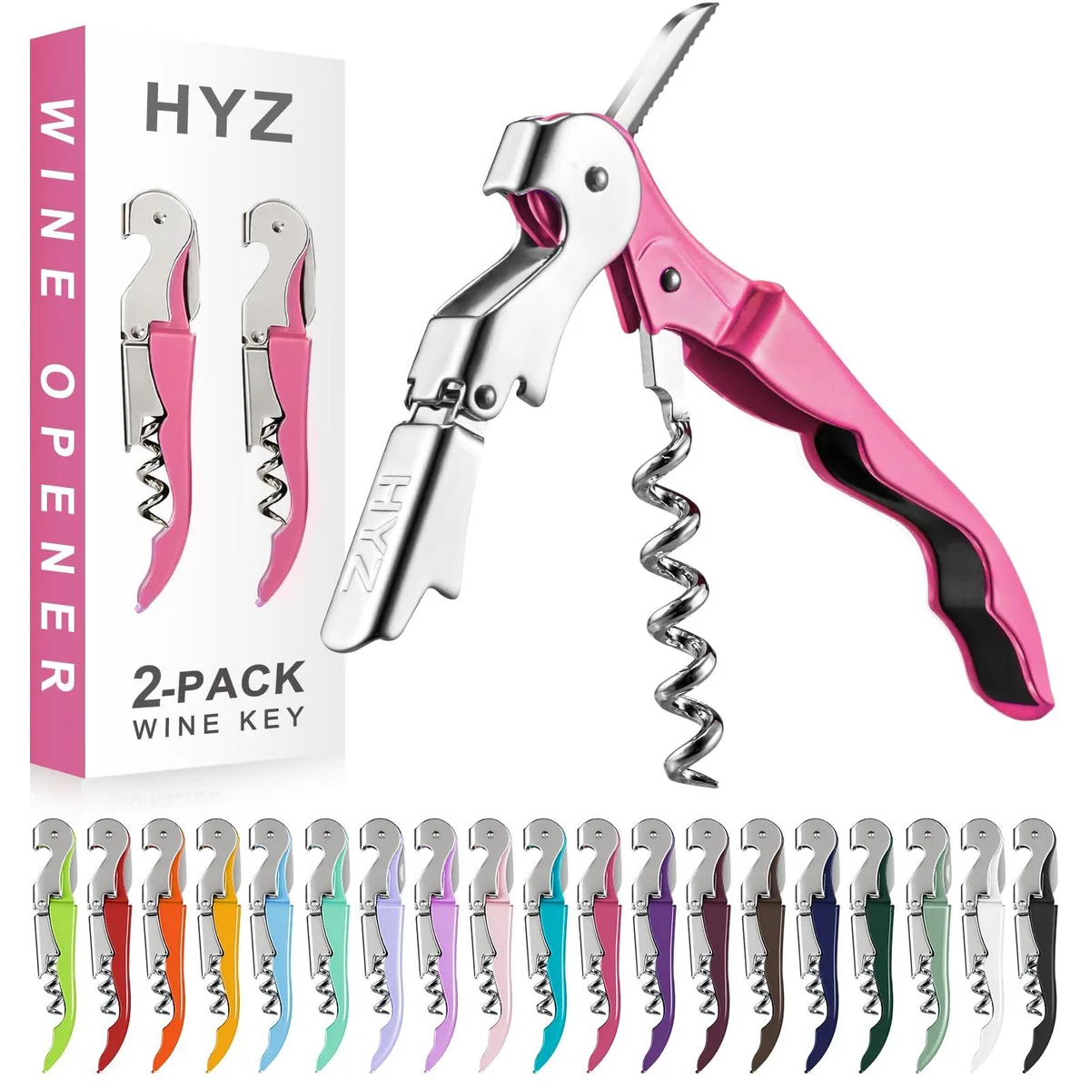 Two stainless steel waiter corkscrews with floral zinc alloy handles, foil cutters and bottle openers