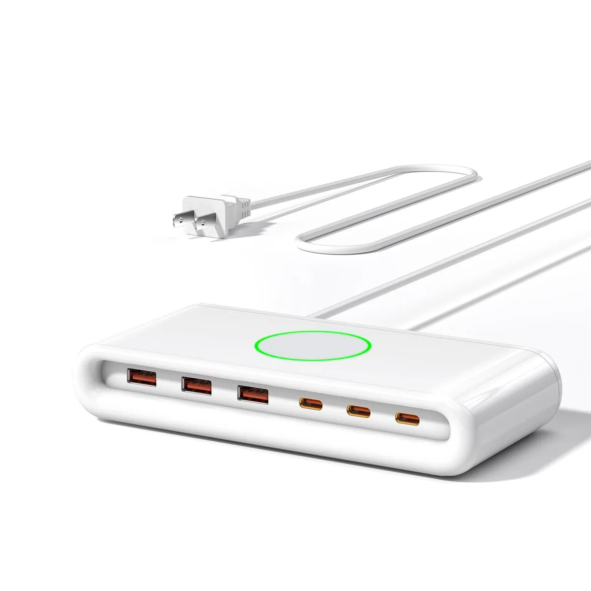 White rectangular desktop charger with three USB-C and three USB-A ports, 5.9 ft power cord
