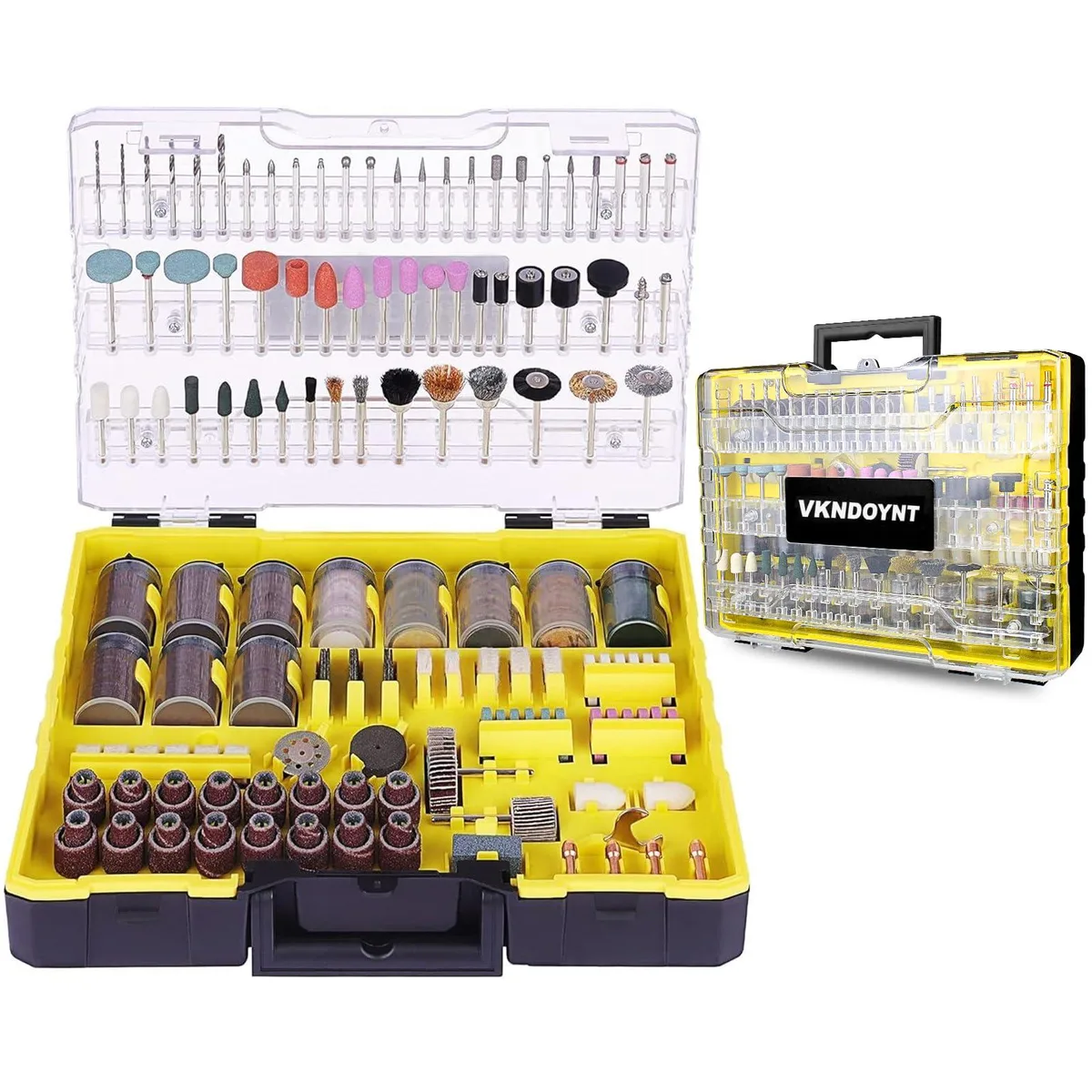 Plastic carrying case holding 544 rotary tool accessories in chrome finish