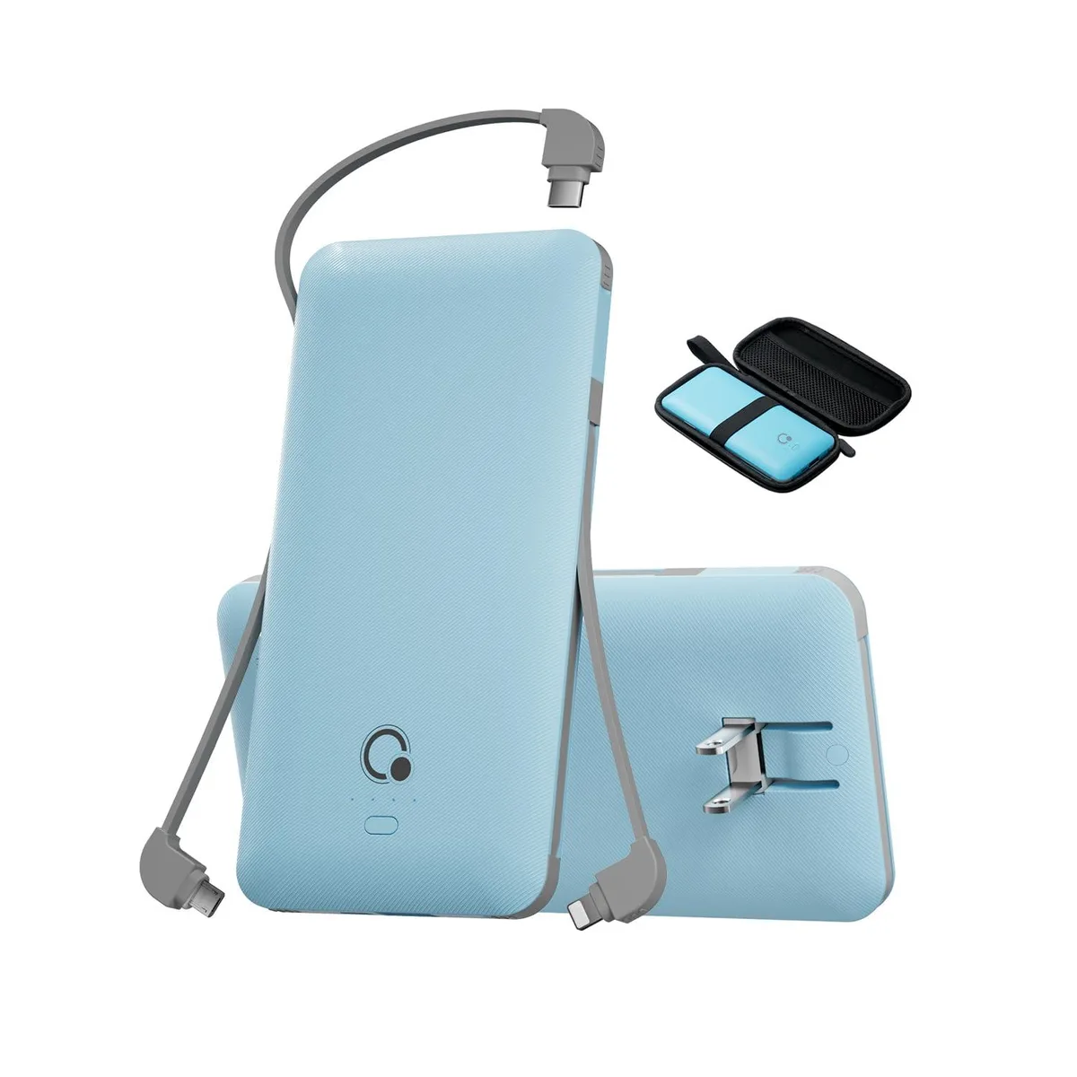 Light blue rectangular power bank with collapsible wall plug and built-in cables