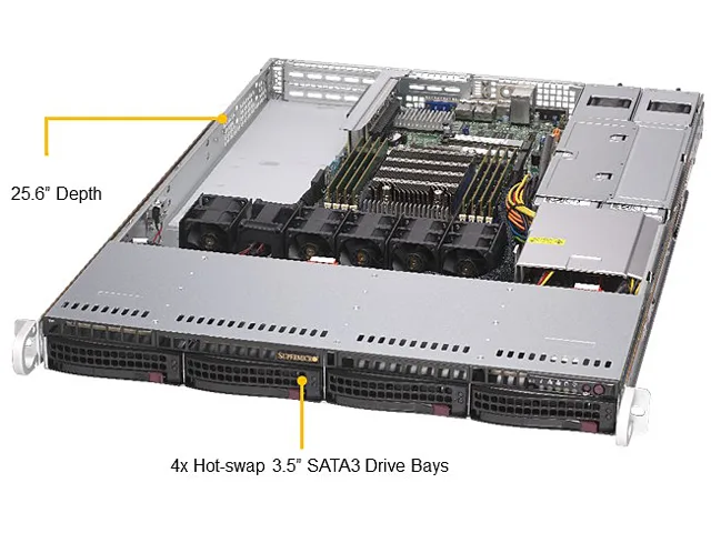 Supermicro Supermicro AS-1014S-WTRT 1U barebone server, AMD EPYC 7002/7003, 8 DDR4 DIMM slots, 4×3.5" hot-swap, 2×10GbE — product photo