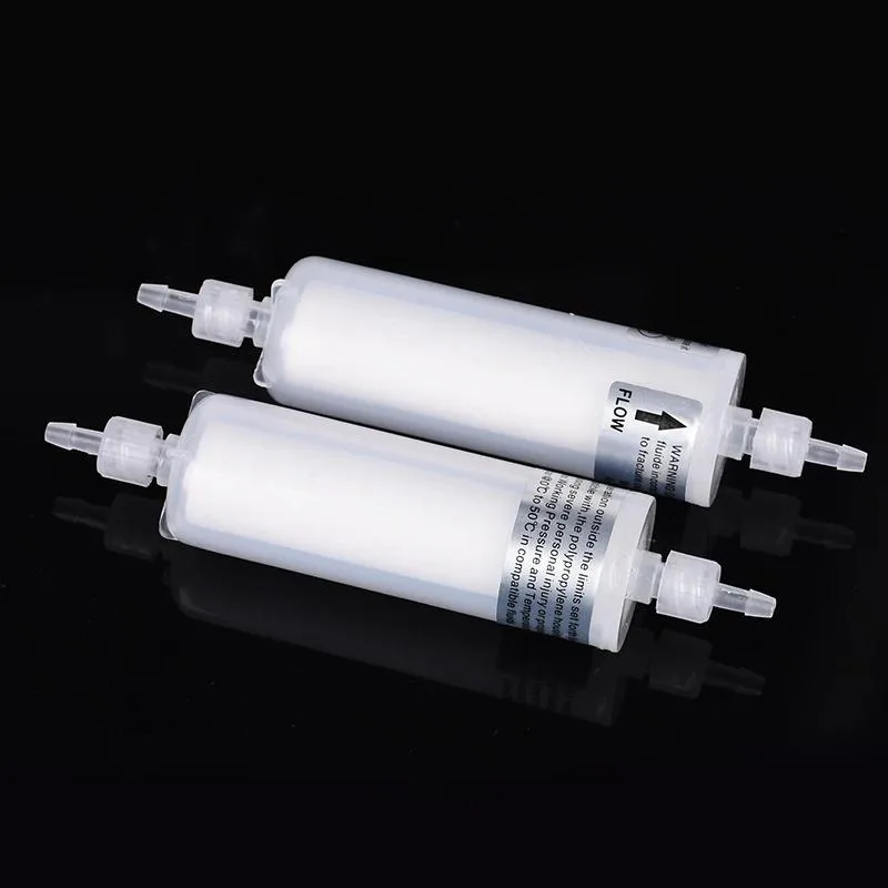 Ten cylindrical short ink filters, compact form factor, matte finish, designed for 6 by 4 millimetre ink tubes