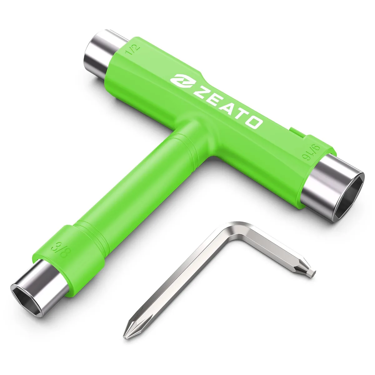 Green T-shaped skate tool with three sockets and slide-out screwdriver