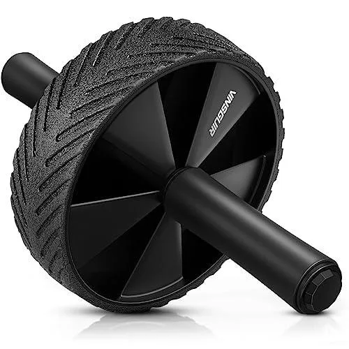 Black ab roller wheel with textured surface and curved handles covered in grey foam grips