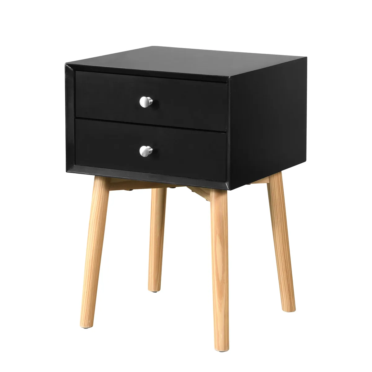 Black rectangular bedside table with two drawers and light wood legs