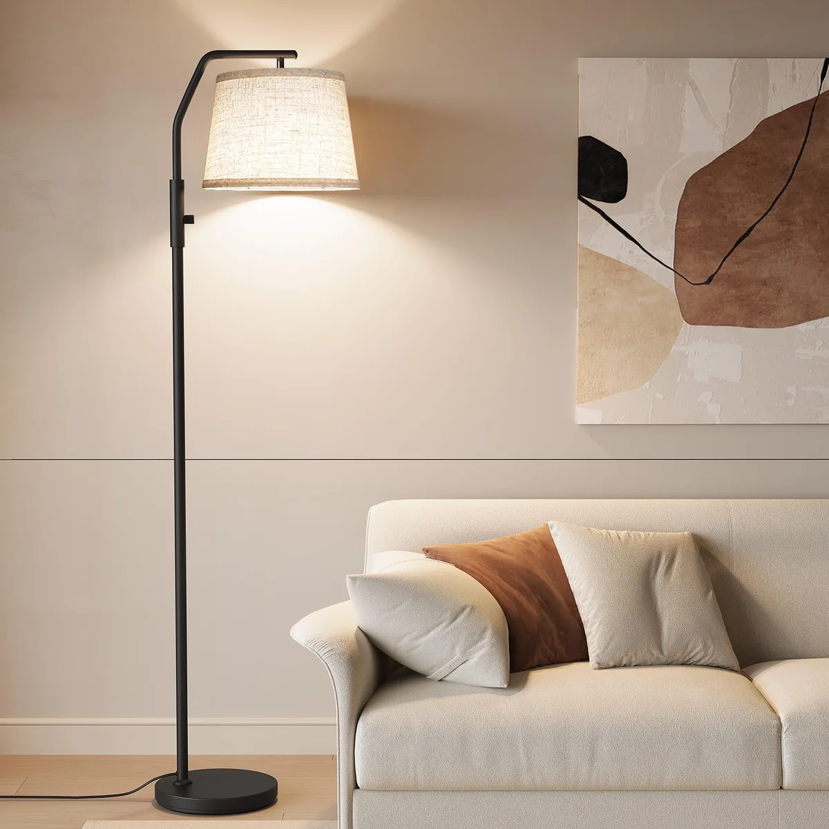 Black arc floor lamp with rectangular linen shade, adjustable head, rotary dimmer knob, heavy metal base, 62 inches tall