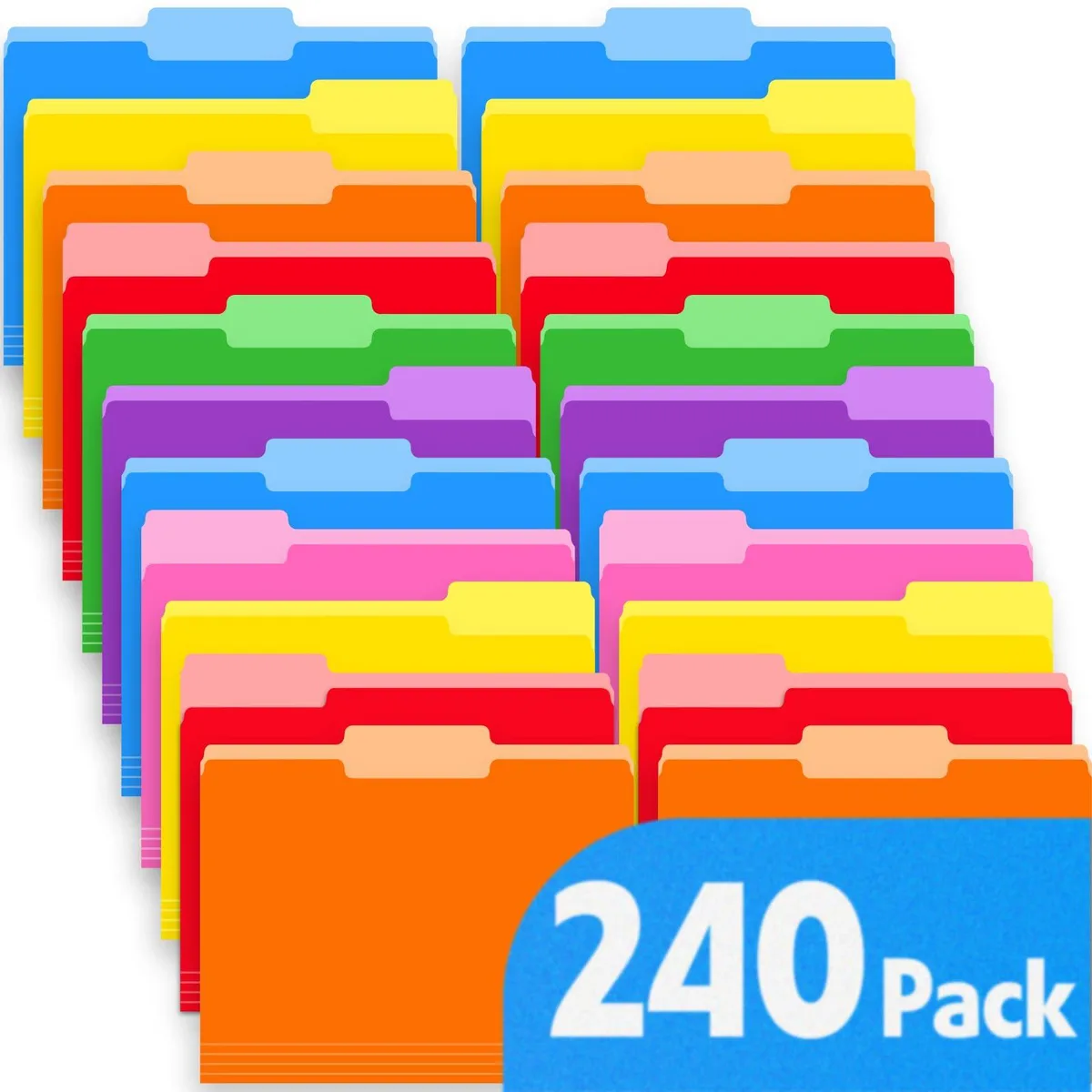 Stack of 240 letter-size file folders in eight assorted colors with 1/3-cut tabs