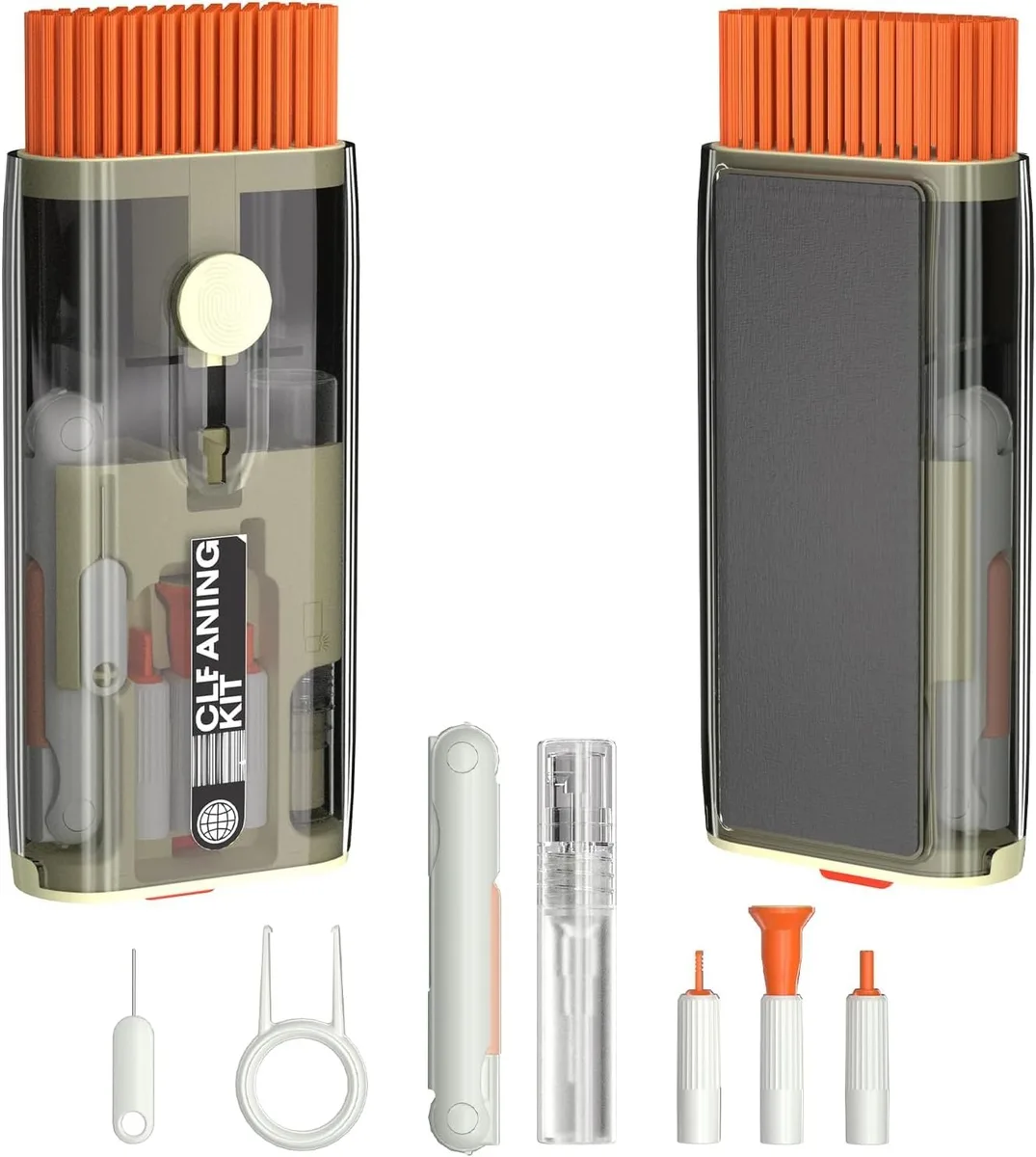 Compact rectangular box holding twelve cleaning tools for keyboards and earphones