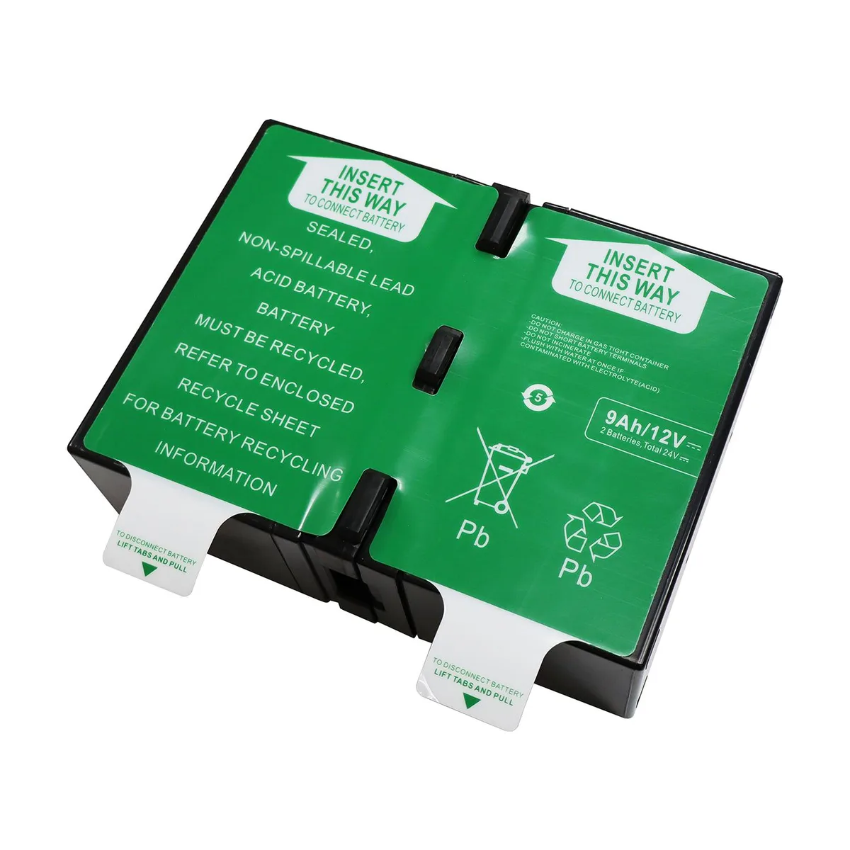 Black rectangular UPS replacement battery cartridge 6.00 by 8.00 by 3.00 inches