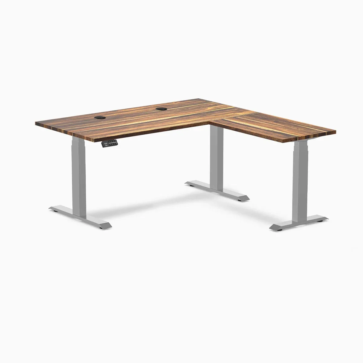 Desky Desky Hardwood L-Shape Sit Stand Desk Pheasantwood Grey 60 x 30 x 62 x 20 in with Grommets — product photo