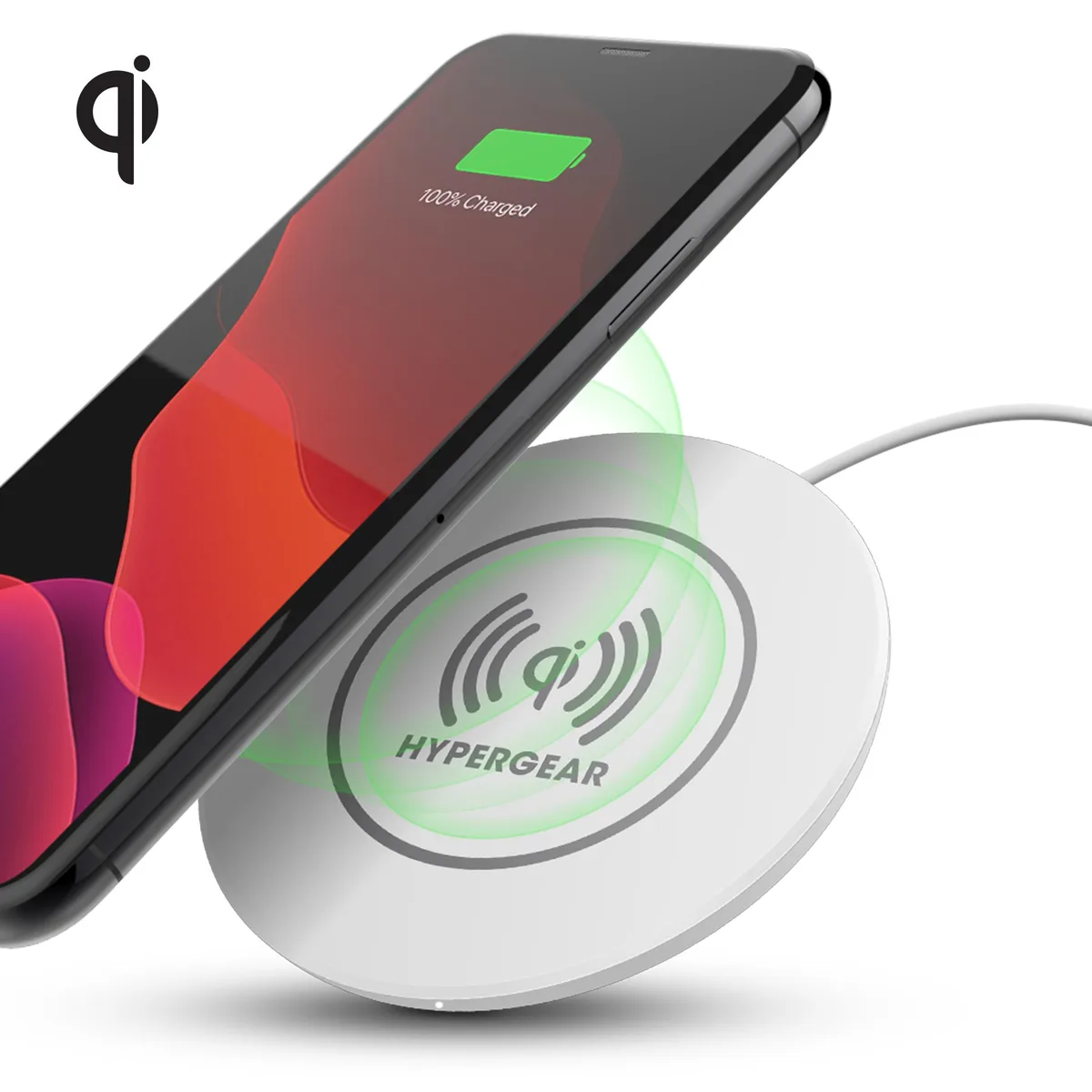 White circular wireless charging pad with micro USB cable