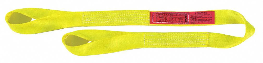 Yellow nylon web sling, 1 inch wide, 4 feet long with looped ends
