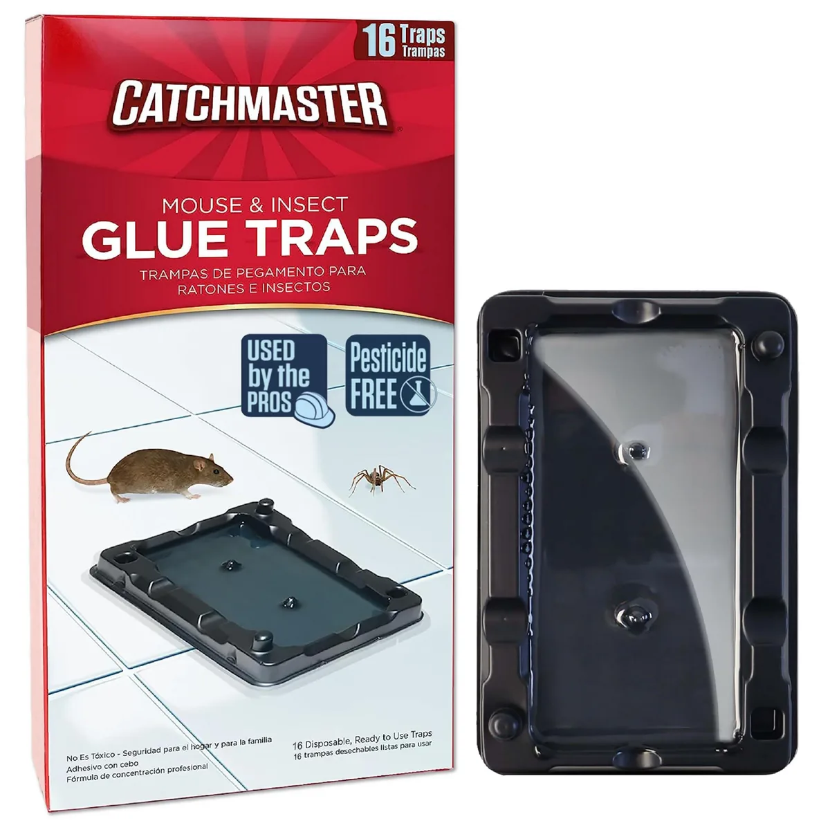 Sixteen black plastic glue traps in a pack