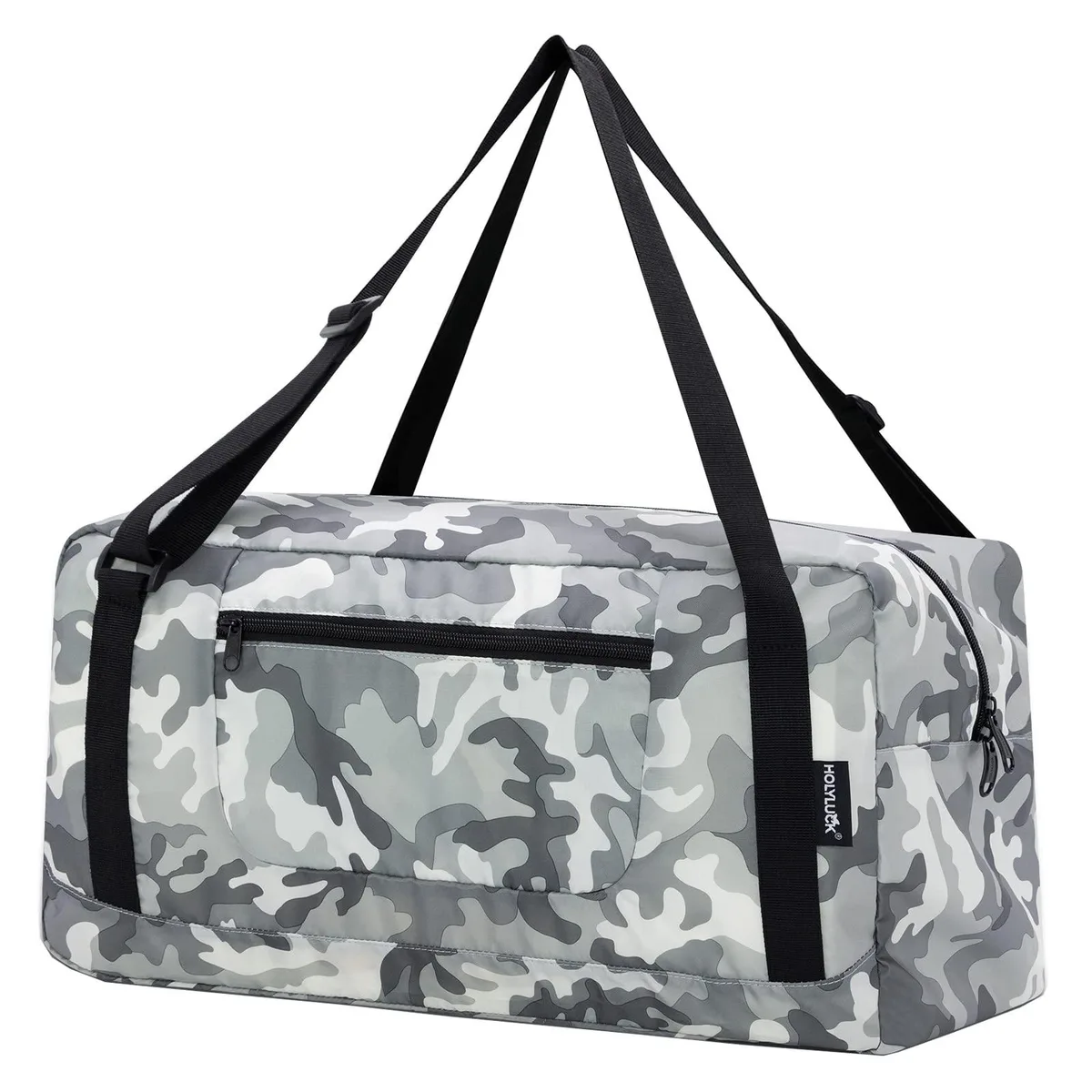 Foldable 19 inch duffel bag in arctic camo polyester with zippered front pocket