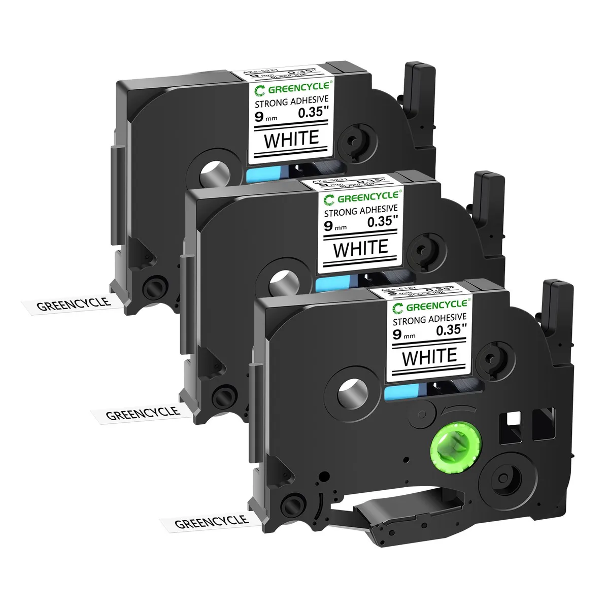 GREENCYCLE GREENCYCLE TZe-S221 labelmaker tape 9mm 8m Black on White 3 pack — product photo