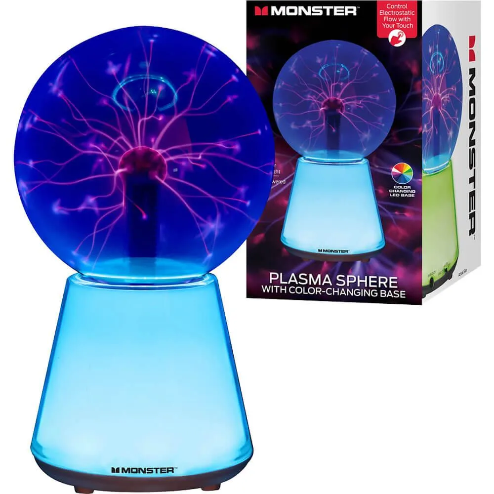 Clear glass sphere on multicolor base with plasma tendrils inside
