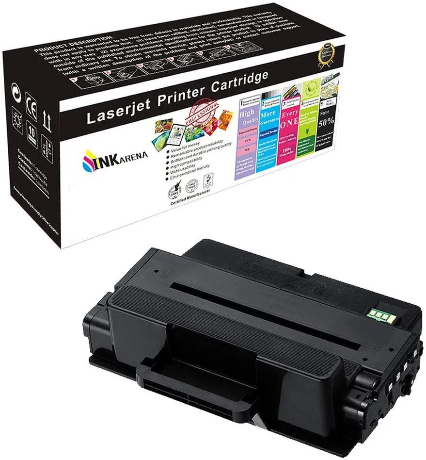 Rectangular black toner cartridge with green chip, new in sealed packaging