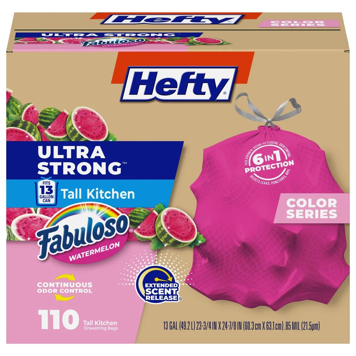 Pink rectangular box of Hefty 13 gallon trash bags, 110 count packaging