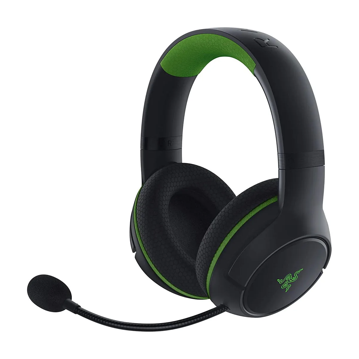 Black over-ear gaming headset with padded headband and fabric ear cushions