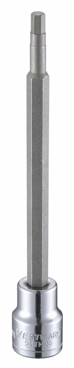Silver alloy-steel hex socket bit with 3/8 inch drive and 4 mm tip