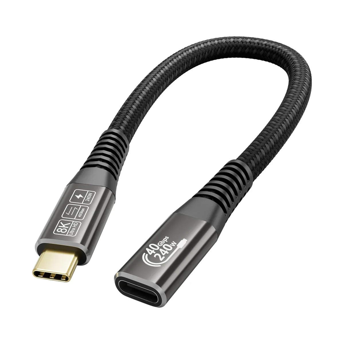 Black USB-C male-to-female extension cable, 2.15 m braided nylon, aluminum alloy shell, gold-plated connectors
