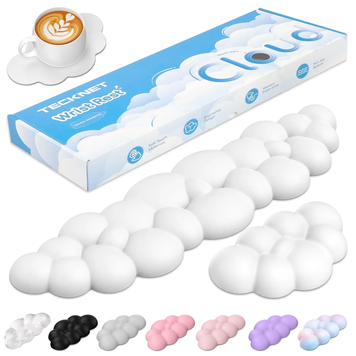 White cloud-shaped wrist rest set with faux leather surface and memory foam base, 16.93 inches long