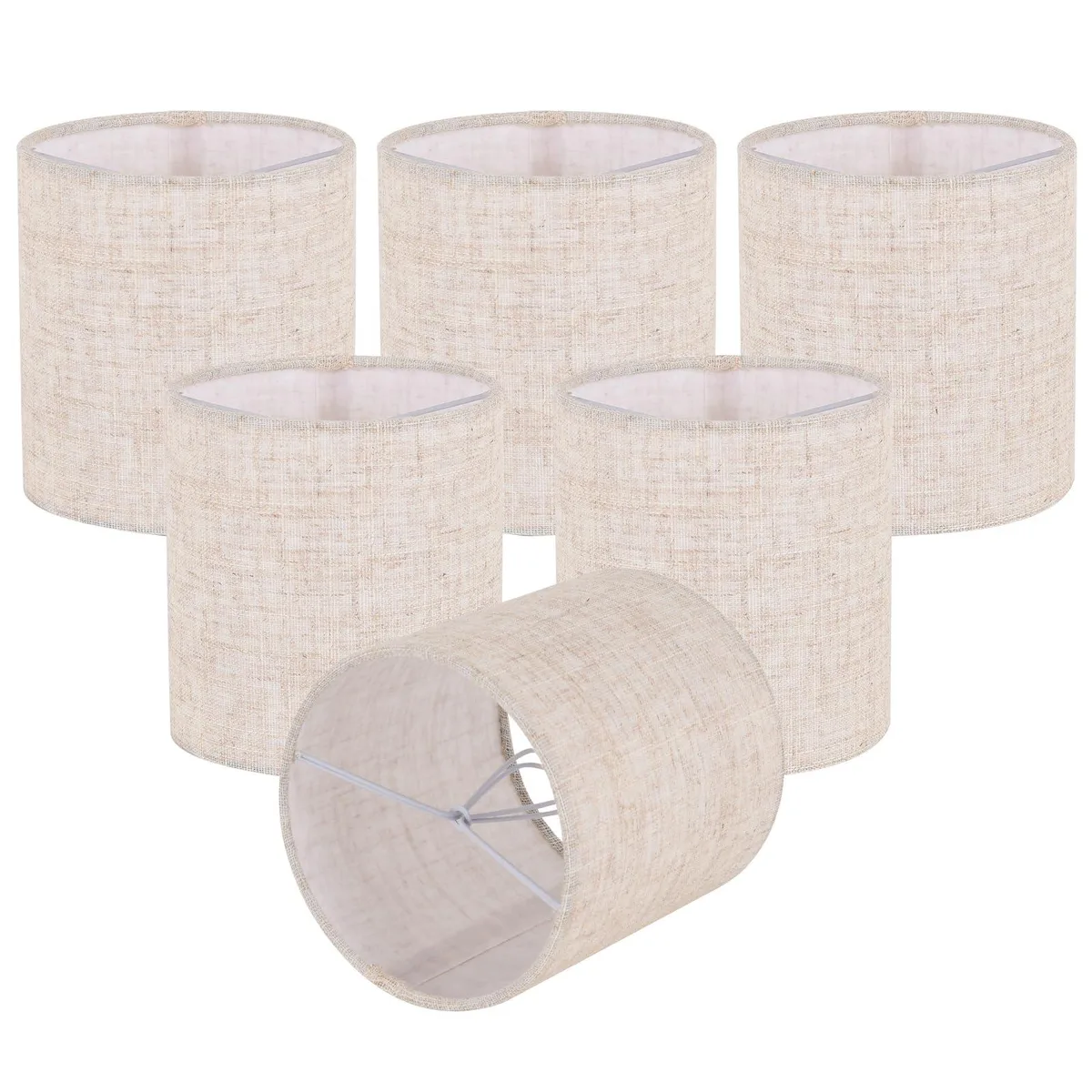 Six beige linen clip-on lampshades, round, 5.1 by 5.3 inches