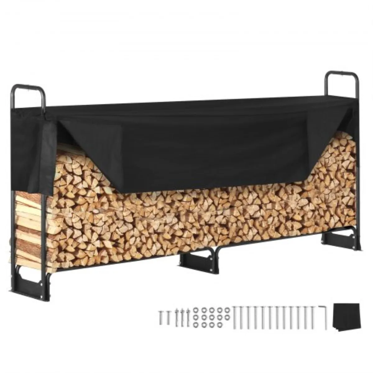 Long matte-black tubular steel firewood rack with black waterproof cover
