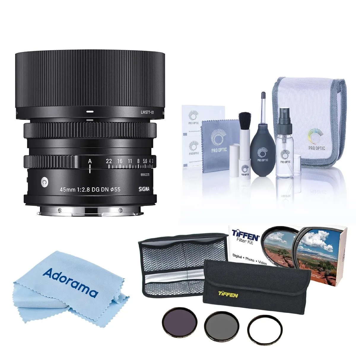 SIGMA SIGMA 45mm f/2.8 DG DN Contemporary L-Mount Lens Bundle with 55mm Essential Filter Kit Cleaning Kit and Cloth — product photo