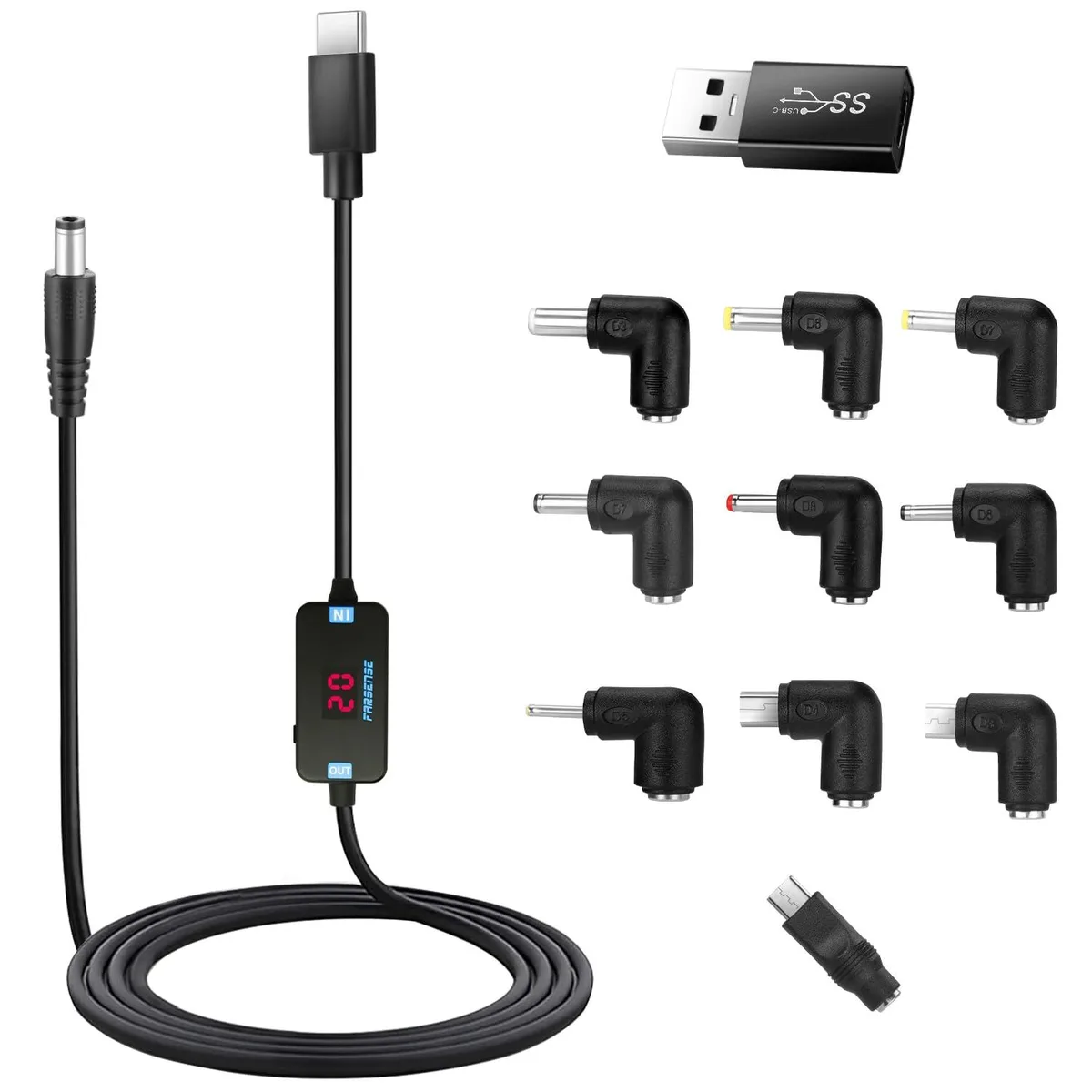 Black USB-C to barrel cable with LED voltage display and 10 interchangeable tips
