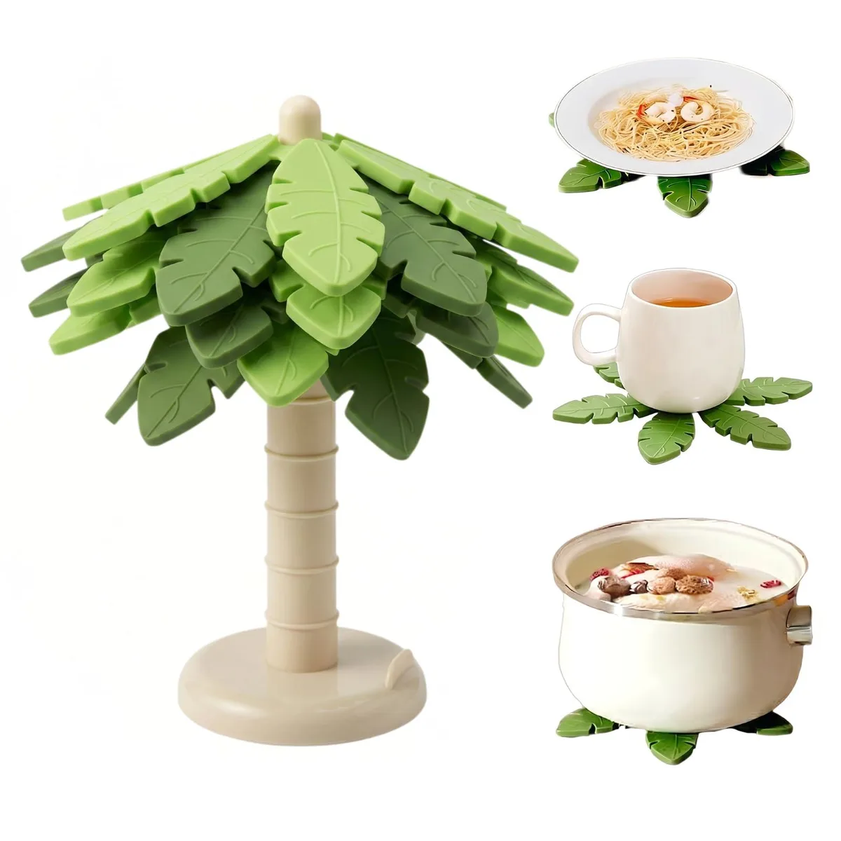Six green silicone Christmas-tree trivets with circular bases