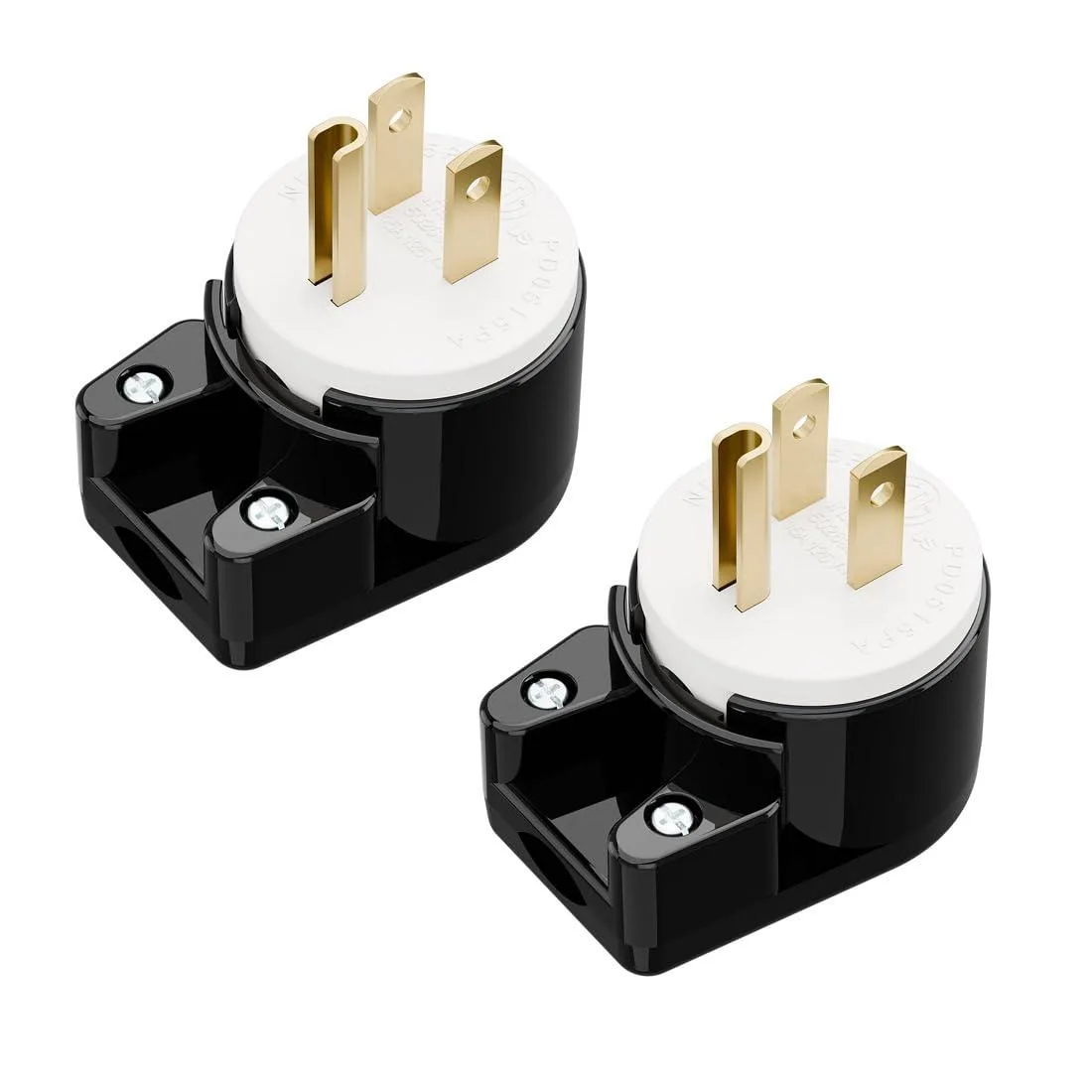 Two black right-angle NEMA 5-15P plugs with rotatable housings and brass prongs