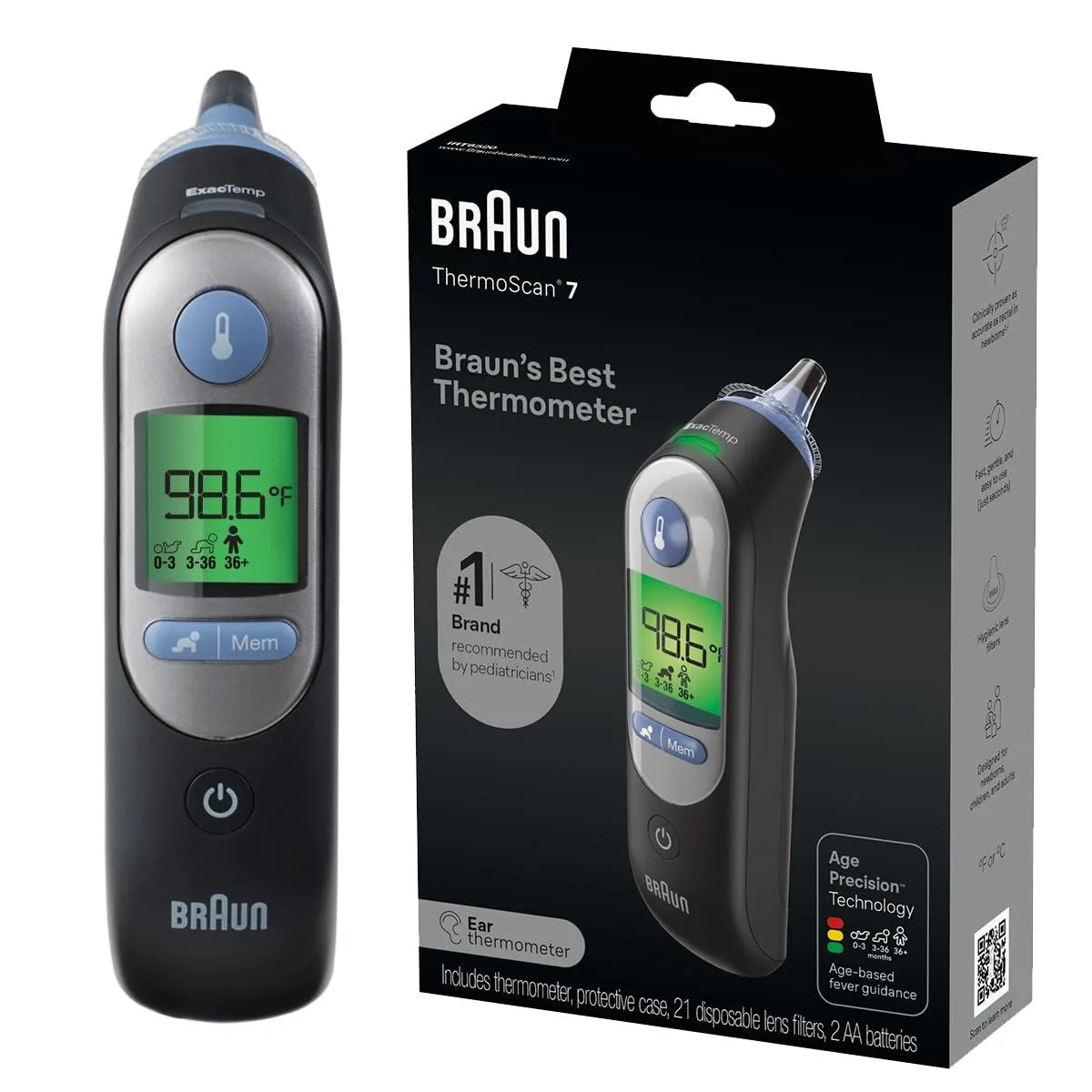 Black digital ear thermometer with pre-warmed tip and lens filter cap