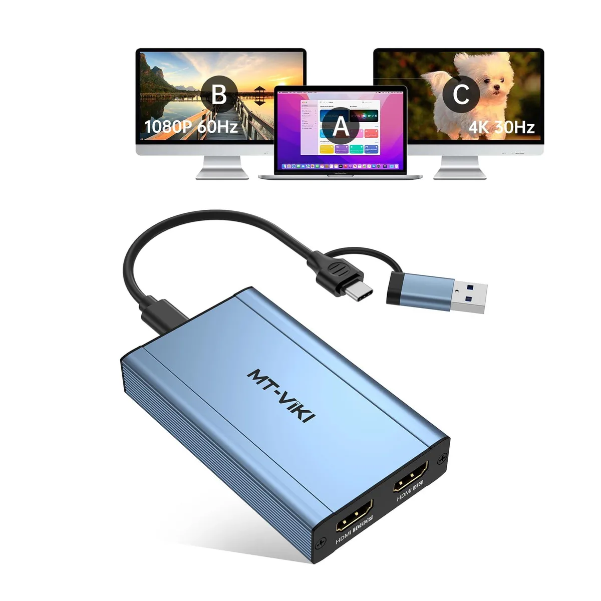 Vszerda Vszerda USB 3.0 &amp; USB C to HDMI video splitter 4K@30Hz 1080P@60Hz — product photo