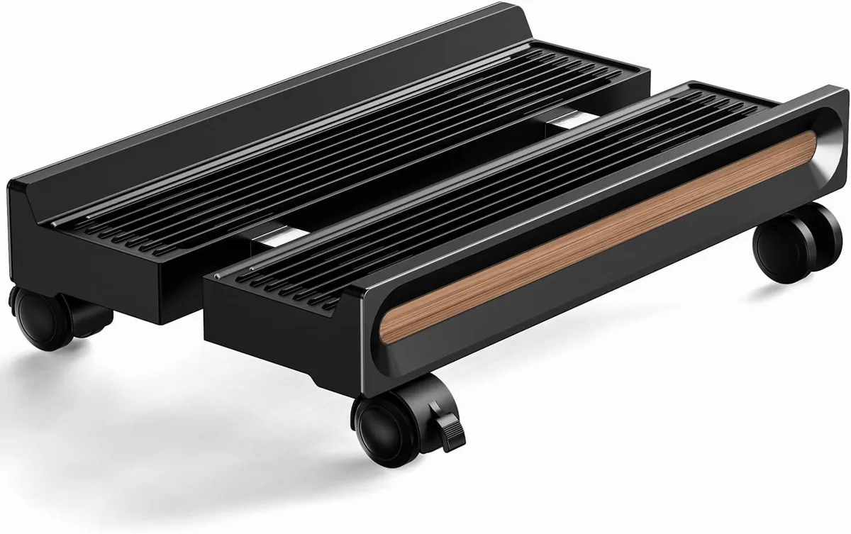 Wood and PVC mobile CPU stand with perforated base, four locking casters, adjustable width 7.4 to 12.5 inches