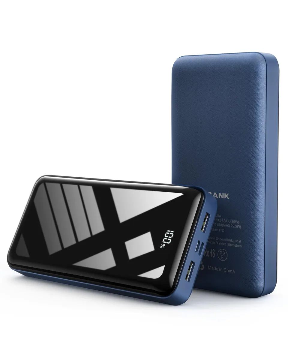 Blue rectangular power bank with LED display, USB-C and USB-A ports